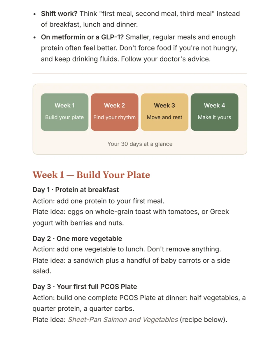 Sample page: Week 1 of the 30-day plan laid out day by day